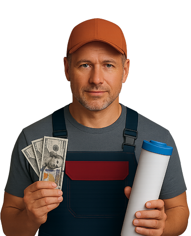 Technician holding water filter and cash – VELMARK CTA image