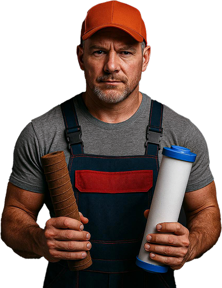 Commercial water filter program technician holding replacement water filters for B2B service and installation